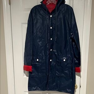 Lacoste Navy Hooded Raincoat. Vintage. red interior and  cuffs. Size men’s small
